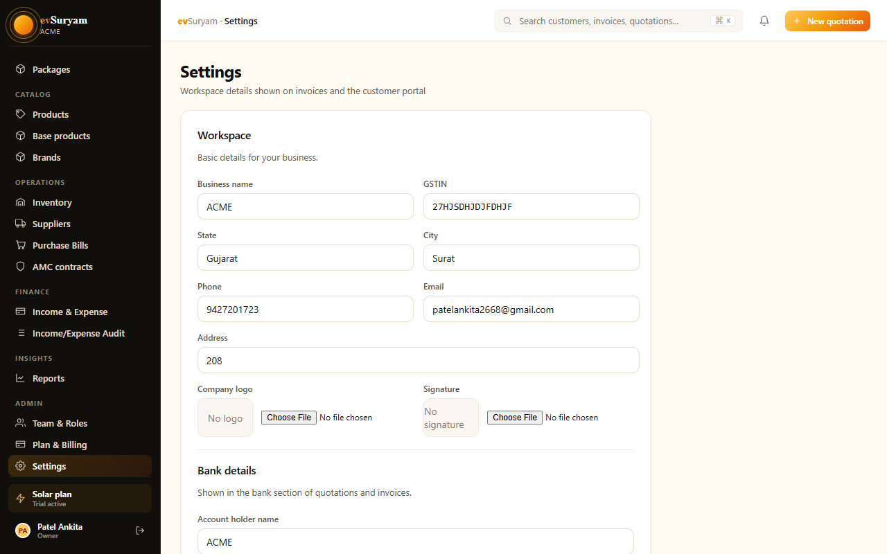 API keys and webhook configuration.