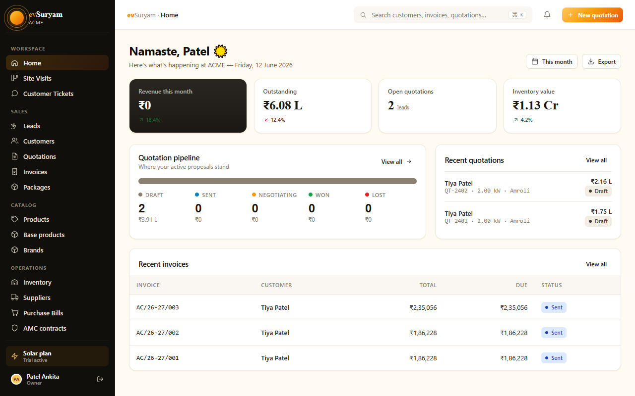 The evSuryam dashboard — your starting point after logging in.